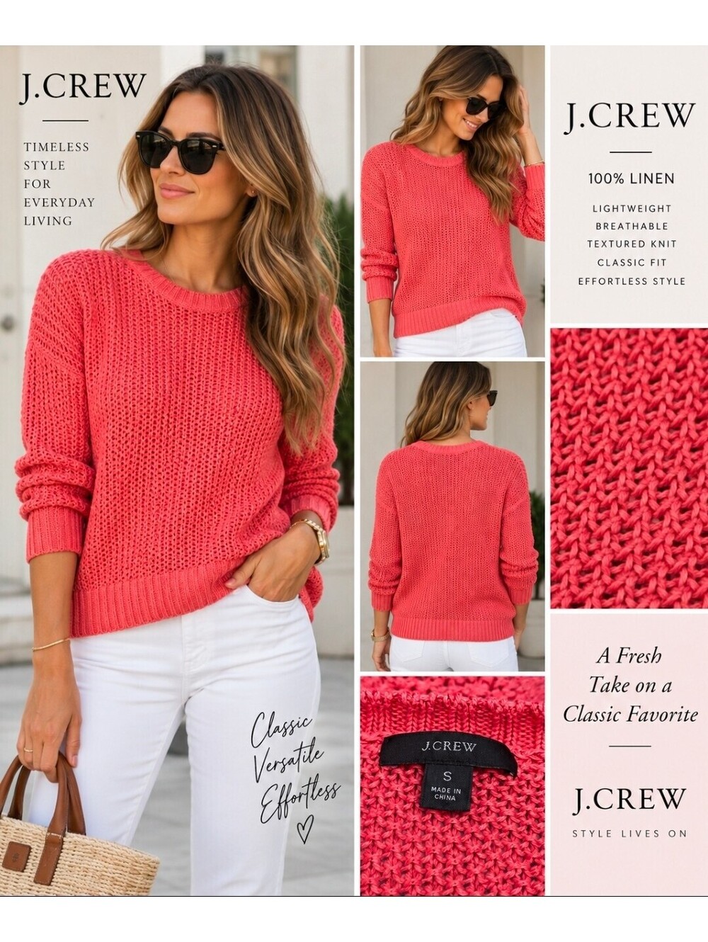 J.Crew Women’s Small Coral 100% Linen Open Knit Crewneck Sweater